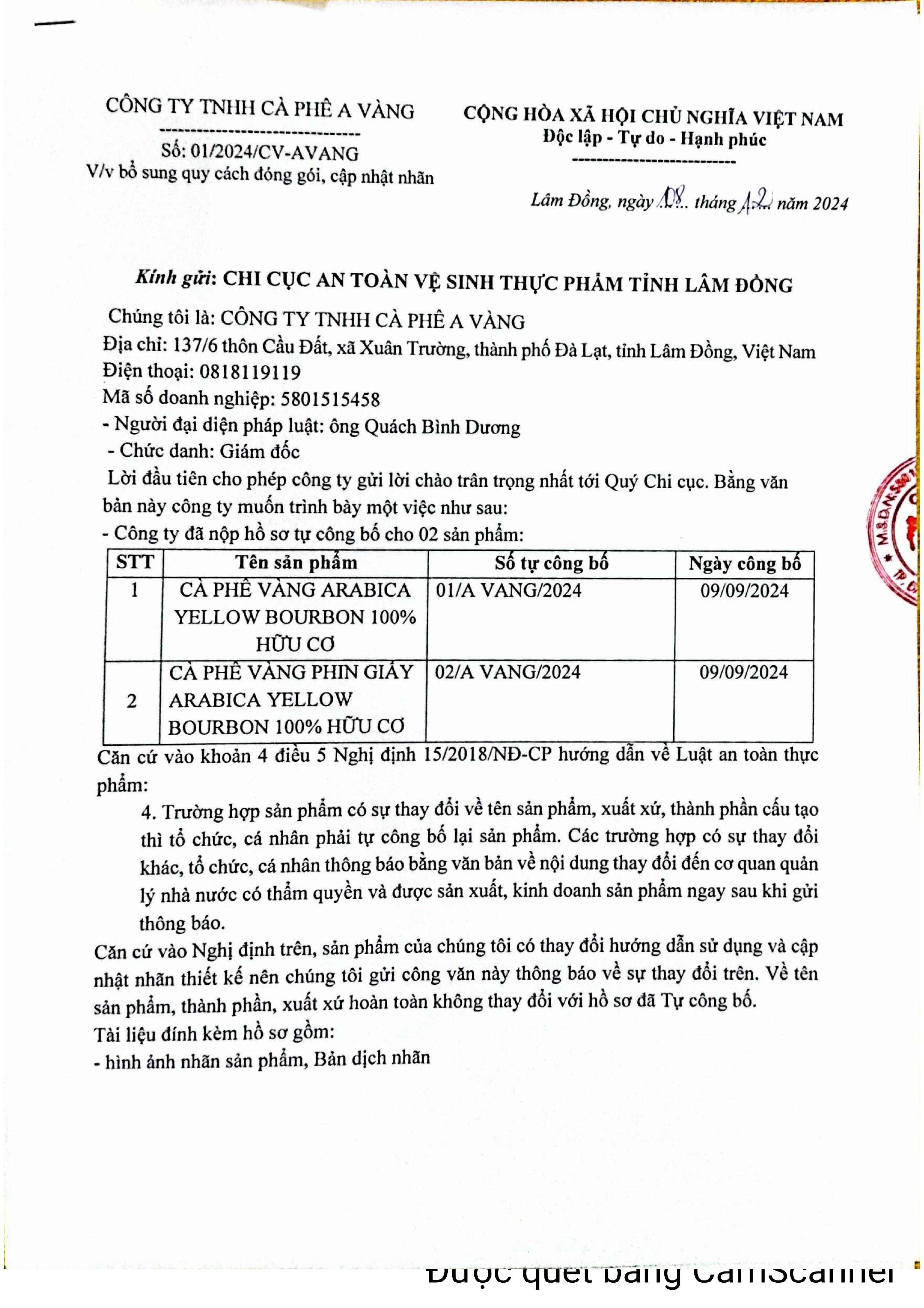 Giấy phép kinh doanh Caffe A Vàng